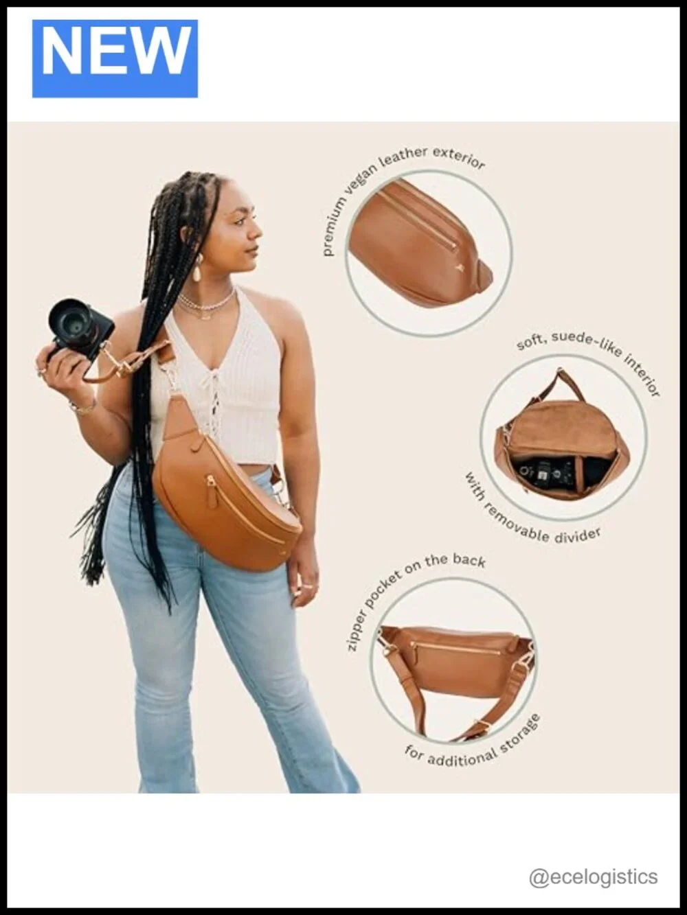 Vegan Leather Camera Crossbody Bag with Suede Interior, Adjustable Strap
